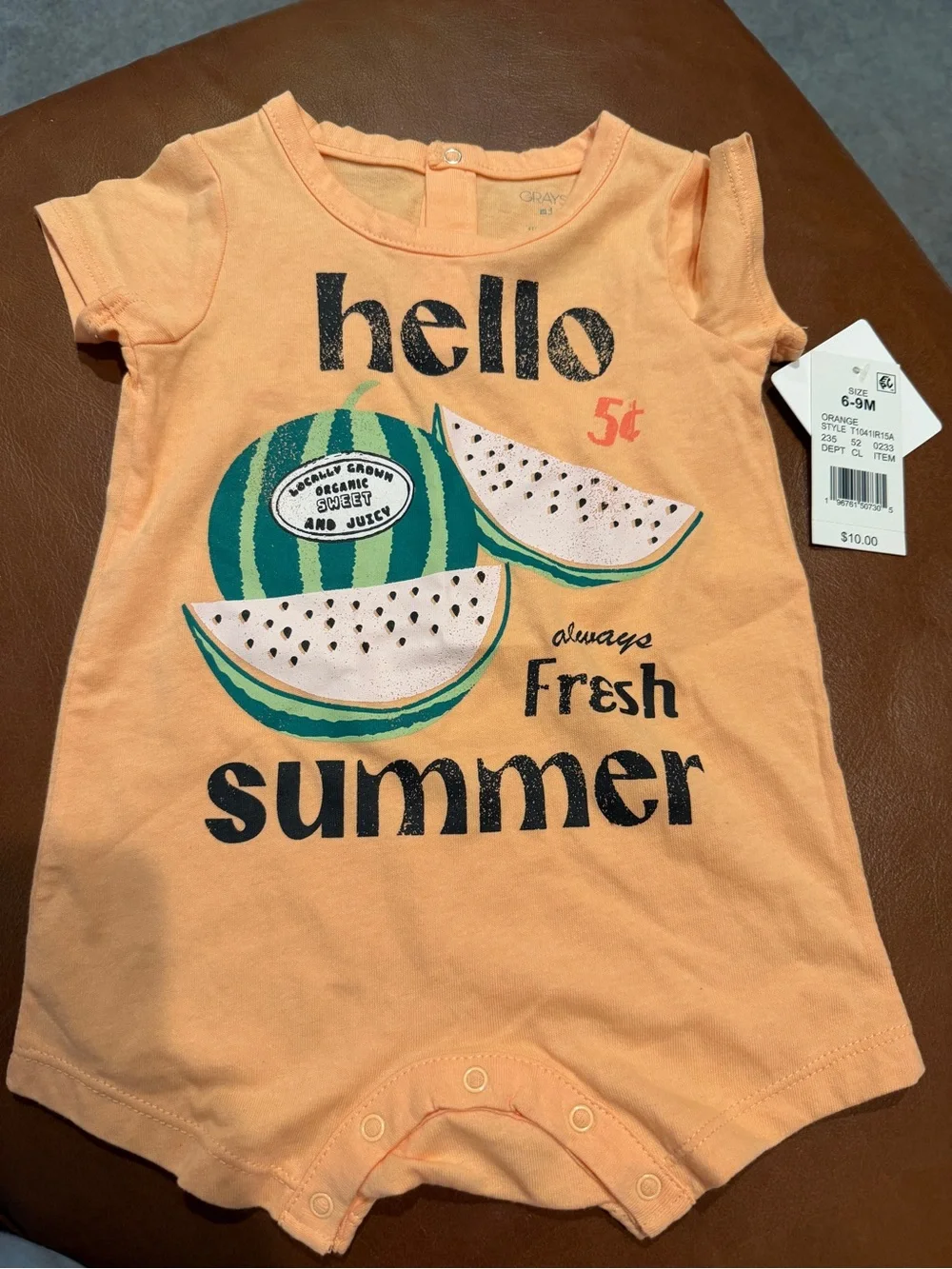 NWT! 6-9 months Hello Summer Peach Baby Romper with Watermelon Graphic